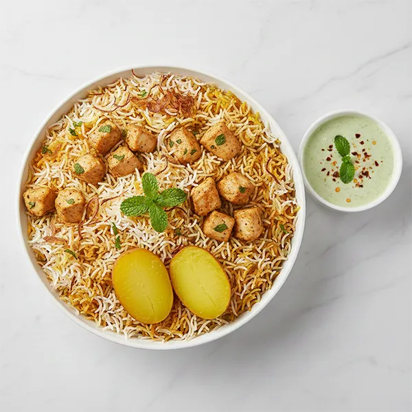 Rich Kolkata Chicken biryani with chilli yogurt